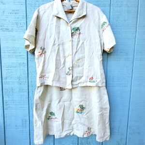 Vintage Mill Valley 100% Linen Sailboat Print Dress Top set size M/L Ivory